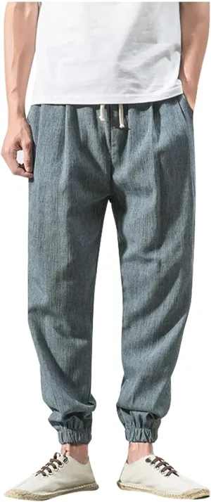Ymosrh Men's Sweatpants Vintage Cotton and Linen Casual Pants Solid Color Fashionable Loose Leg Pants Sweatpants, M-5XL