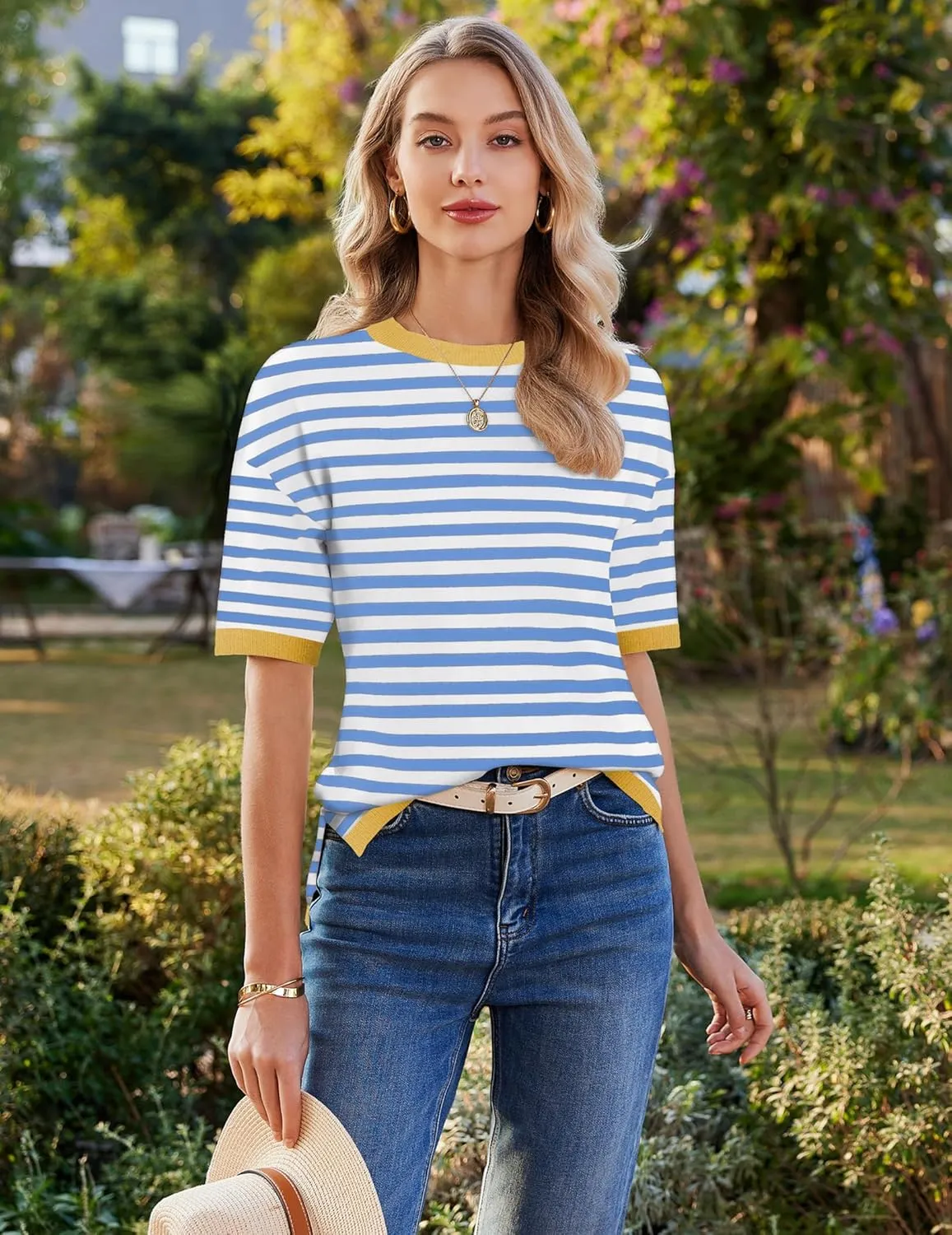 Zeagoo Womens Short Sleeve Sweaters Tops Knit Crewneck Loose Lightweight Summer Pullover Blouse Basic Casual Work Shirt