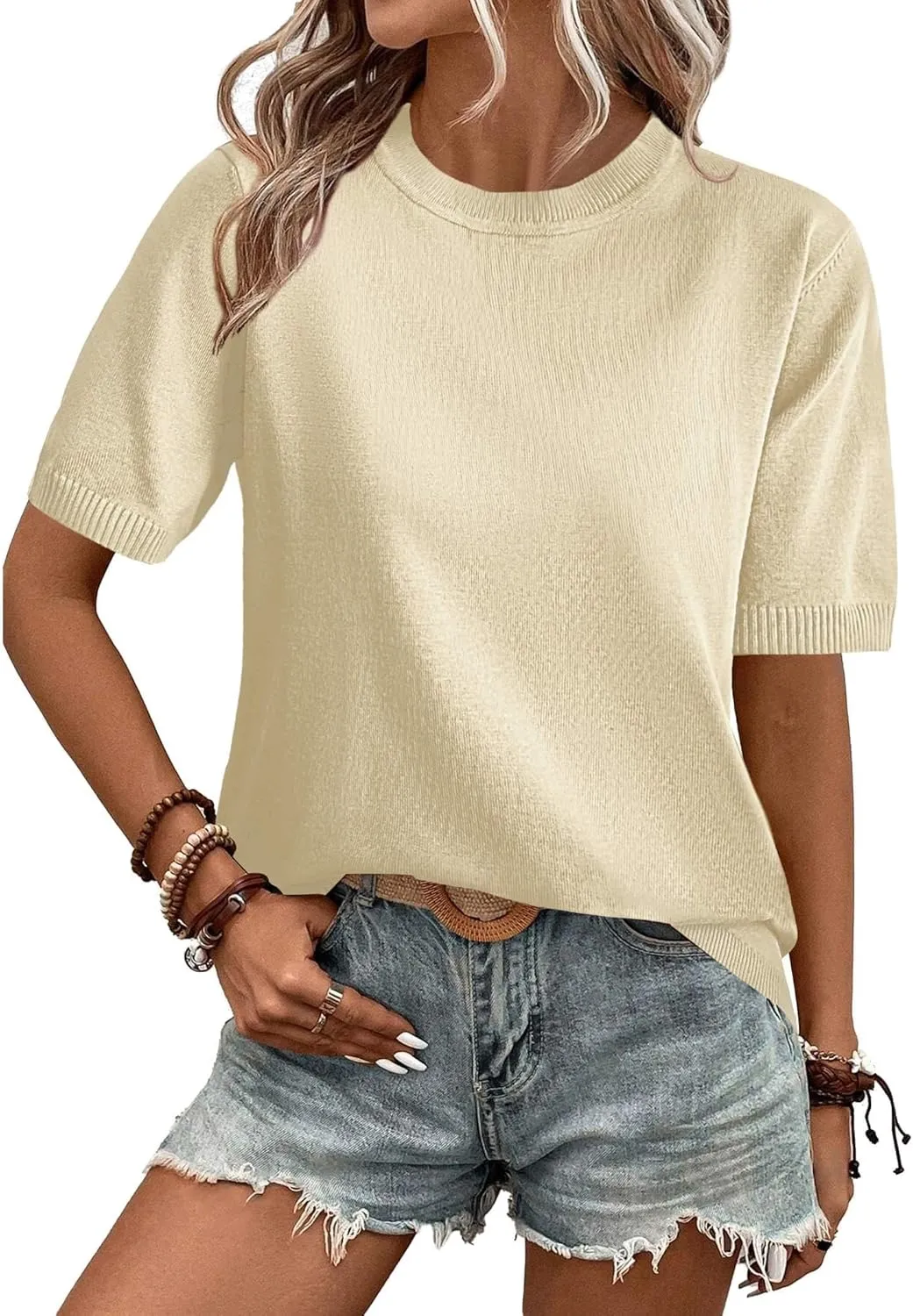 Zeagoo Womens Summer Tops Dressy Casual Short Sleeve Sweaters Crew Neck Lightweight Knit Tops Loose Blouse Basic Shirts