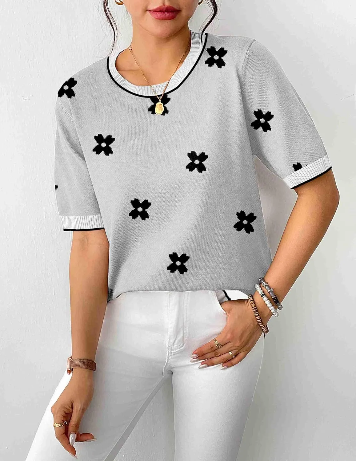 Zeagoo Womens Summer Tops Dressy Casual Short Sleeve Sweaters Crew Neck Lightweight Knit Tops Loose Blouse Basic Shirts