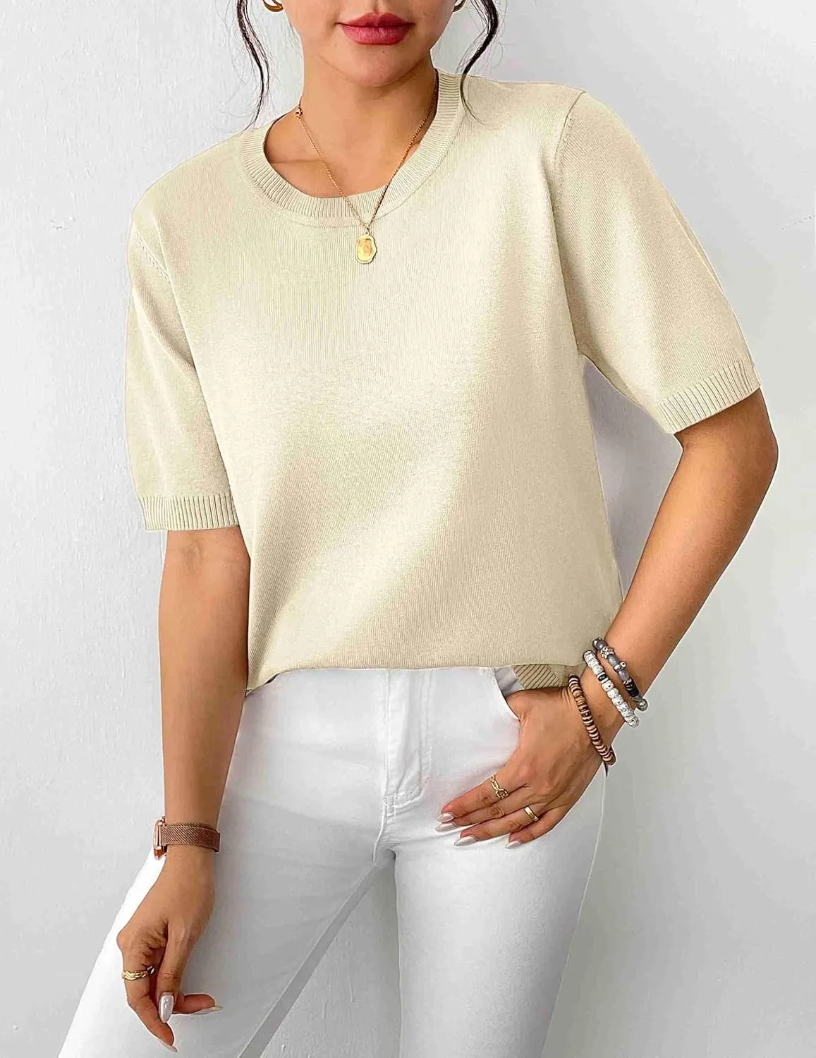 Zeagoo Womens Summer Tops Dressy Casual Short Sleeve Sweaters Crew Neck Lightweight Knit Tops Loose Blouse Basic Shirts