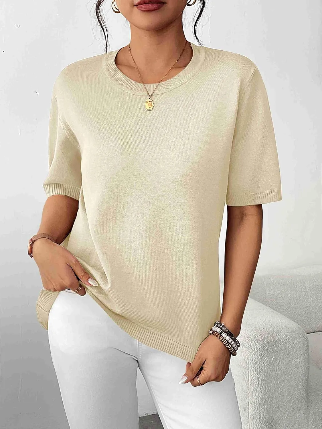 Zeagoo Womens Summer Tops Dressy Casual Short Sleeve Sweaters Crew Neck Lightweight Knit Tops Loose Blouse Basic Shirts