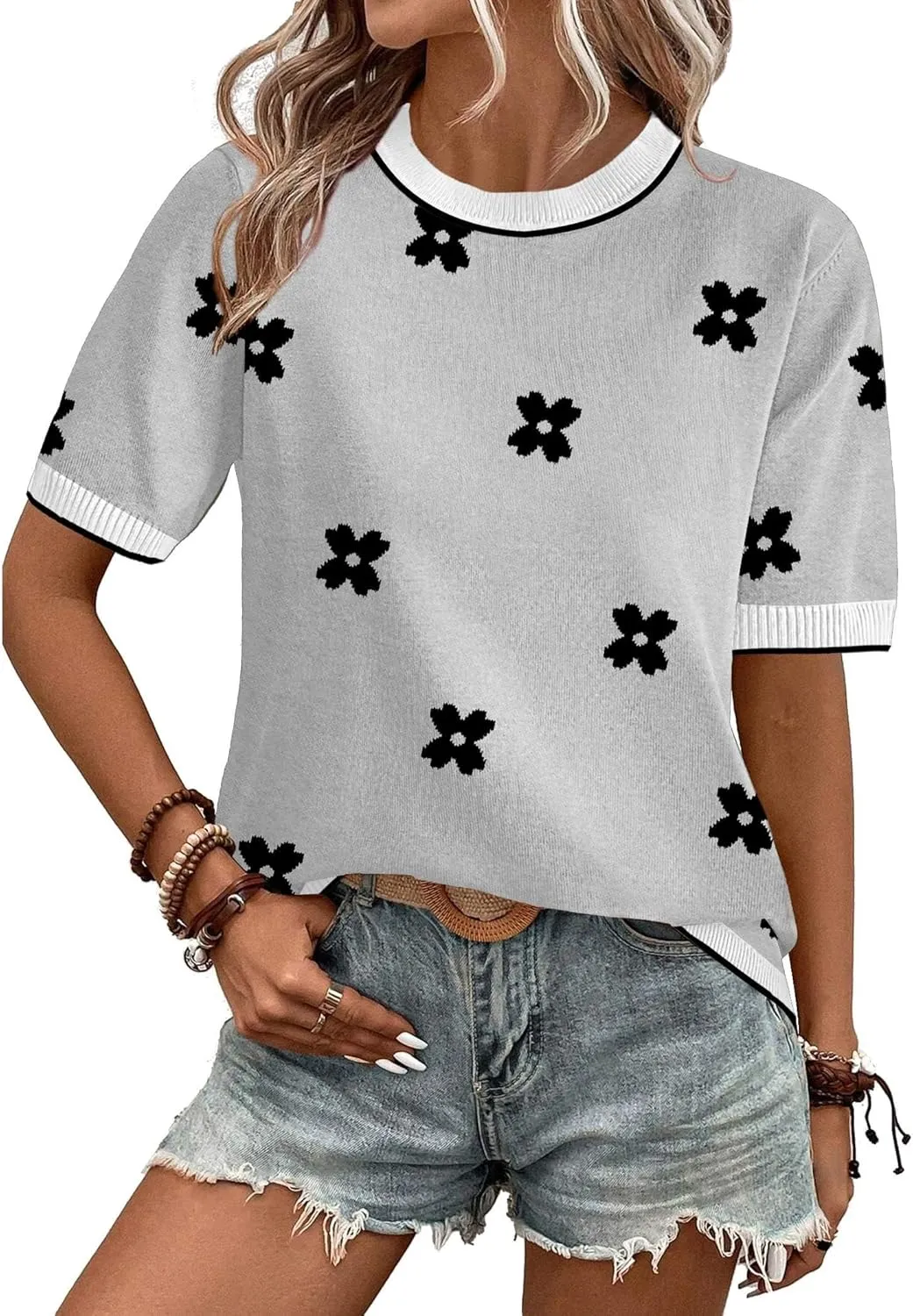 Zeagoo Womens Summer Tops Dressy Casual Short Sleeve Sweaters Crew Neck Lightweight Knit Tops Loose Blouse Basic Shirts