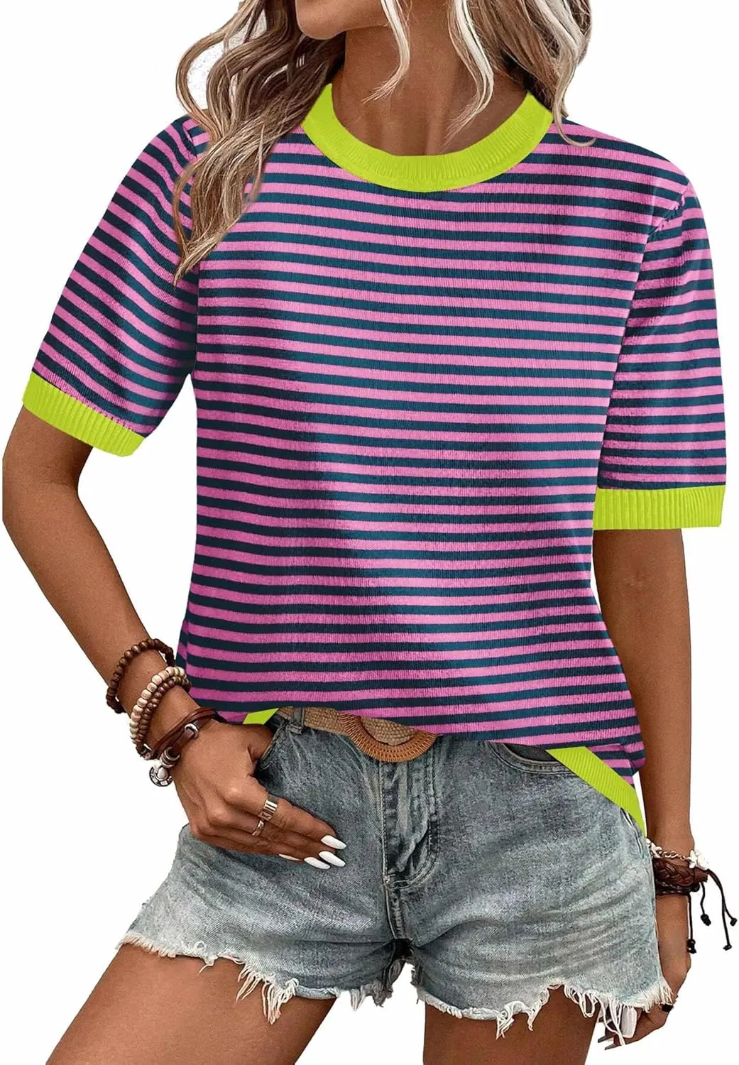 Zeagoo Womens Summer Tops Dressy Casual Short Sleeve Sweaters Crew Neck Lightweight Knit Tops Loose Blouse Basic Shirts
