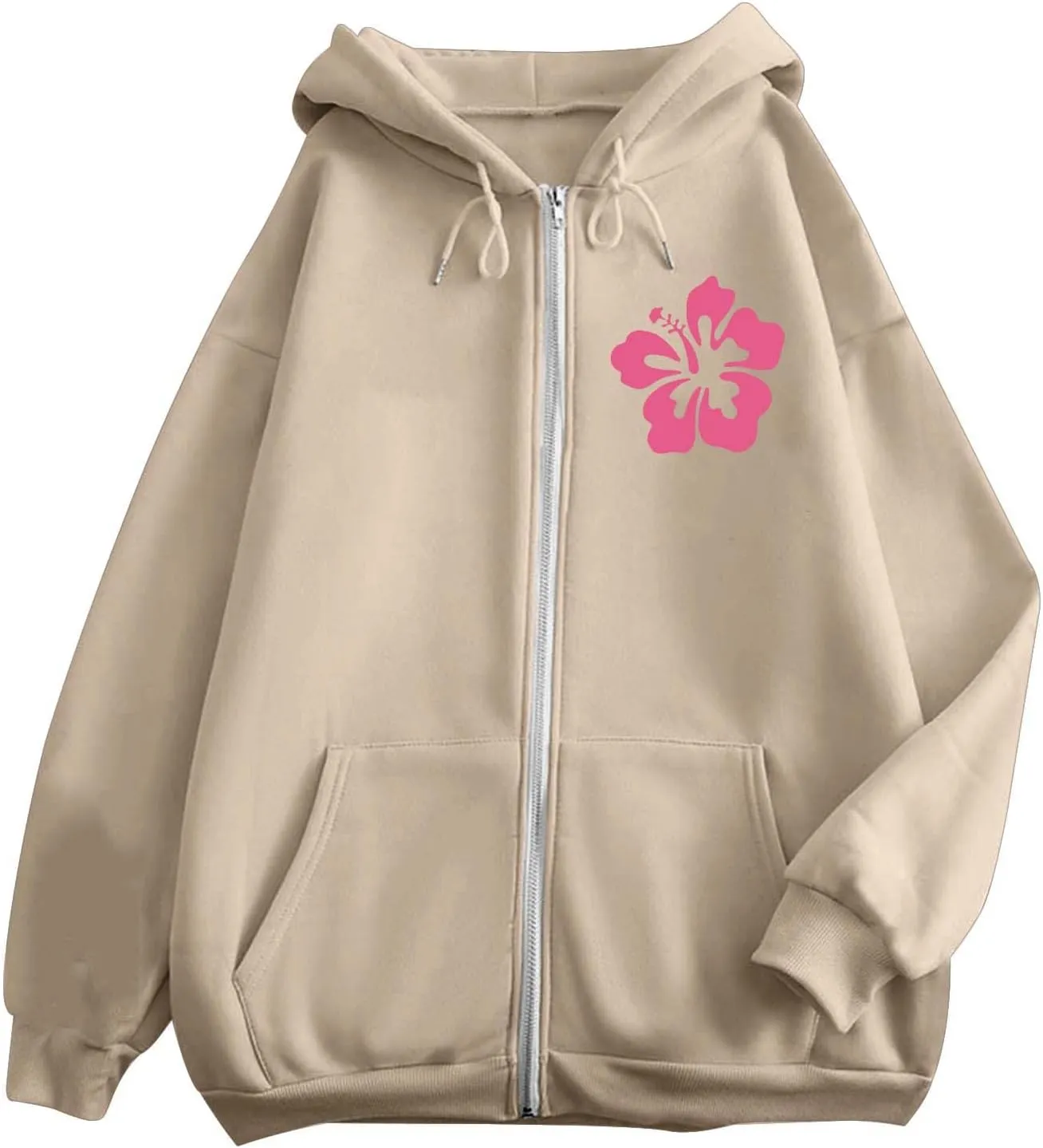 Zip Up Hoodie Women Letter Print Casual Graphic Sweatshirts Drawstring Long Sleeve Cardigan Cute Oversized Tops