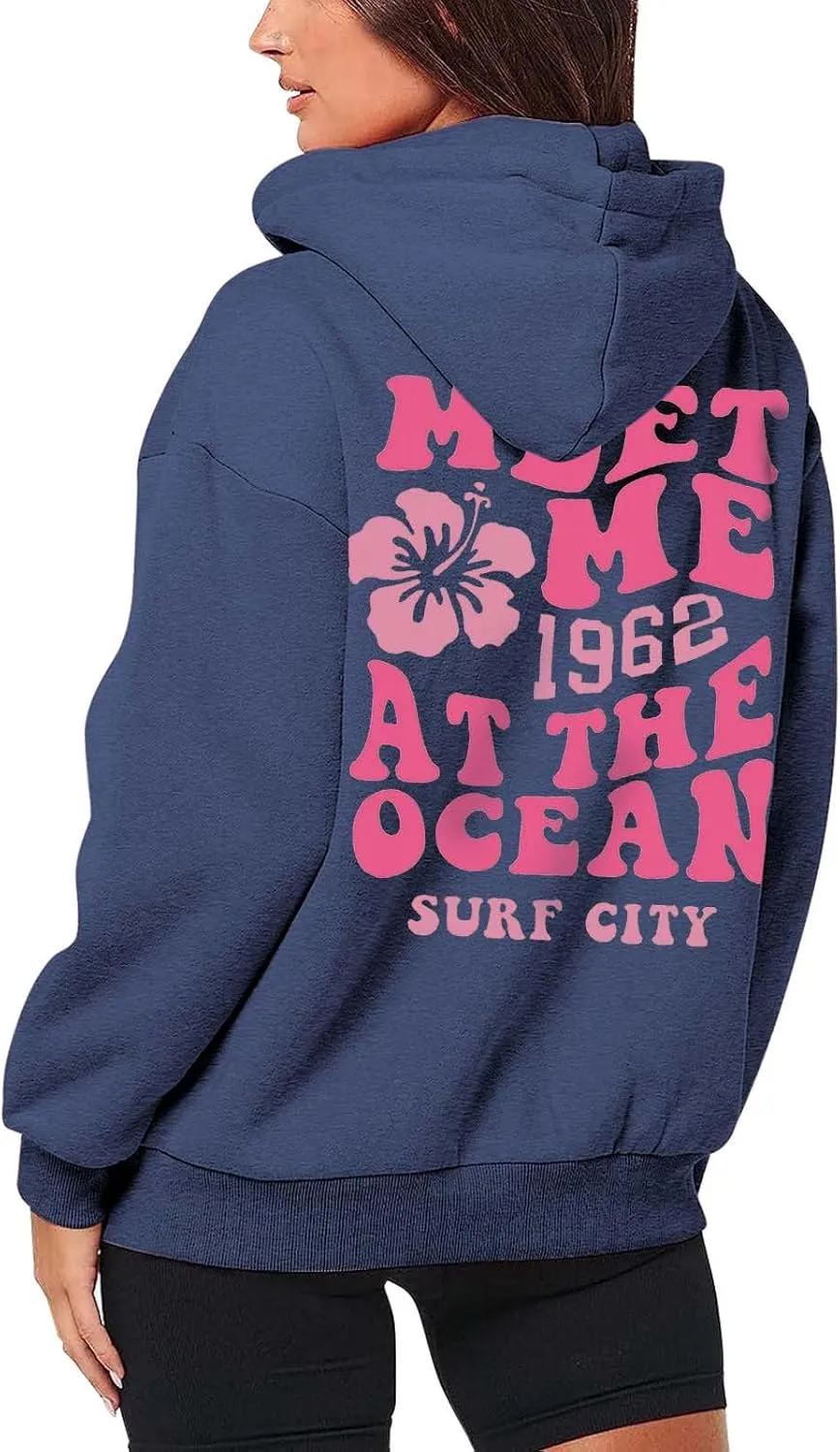 Zip Up Hoodie Women Letter Print Casual Graphic Sweatshirts Drawstring Long Sleeve Cardigan Cute Oversized Tops