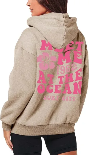 Zip Up Hoodie Women Letter Print Casual Graphic Sweatshirts Drawstring Long Sleeve Cardigan Cute Oversized Tops
