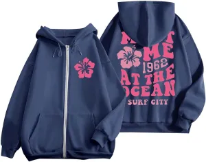 Zip Up Hoodie Women Letter Print Casual Graphic Sweatshirts Drawstring Long Sleeve Cardigan Cute Oversized Tops