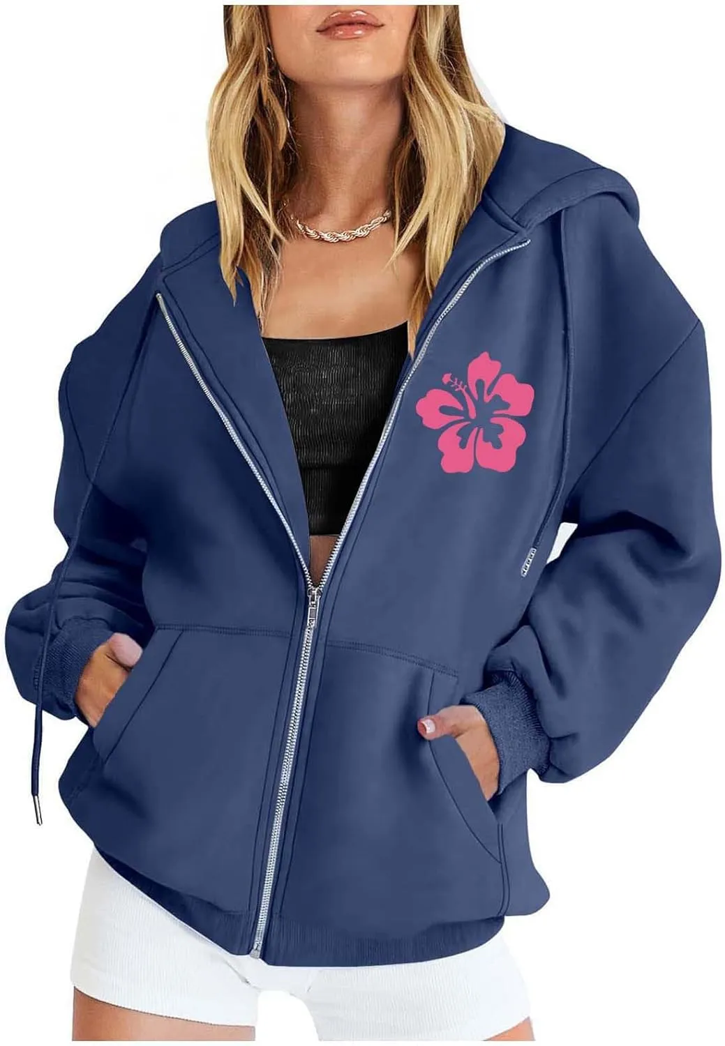 Zip Up Hoodie Women Letter Print Casual Graphic Sweatshirts Drawstring Long Sleeve Cardigan Cute Oversized Tops