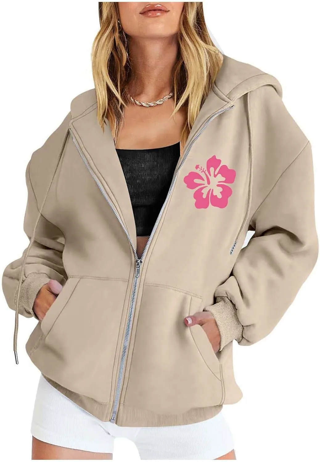 Zip Up Hoodie Women Letter Print Casual Graphic Sweatshirts Drawstring Long Sleeve Cardigan Cute Oversized Tops