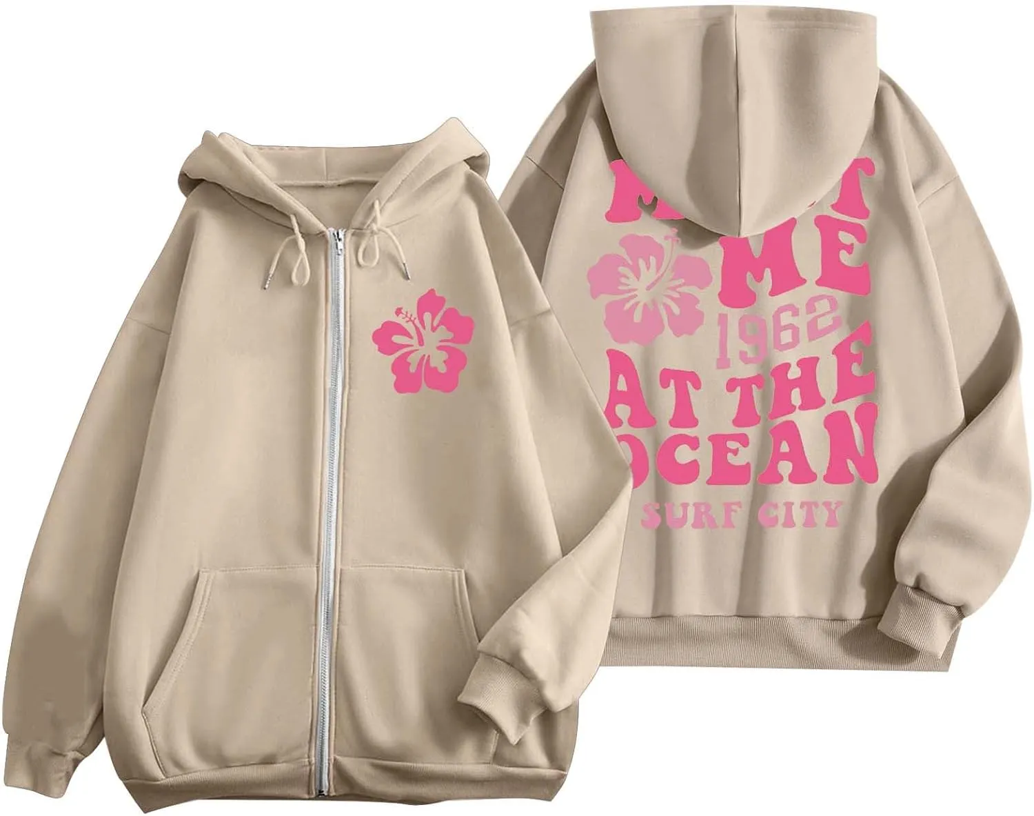 Zip Up Hoodie Women Letter Print Casual Graphic Sweatshirts Drawstring Long Sleeve Cardigan Cute Oversized Tops